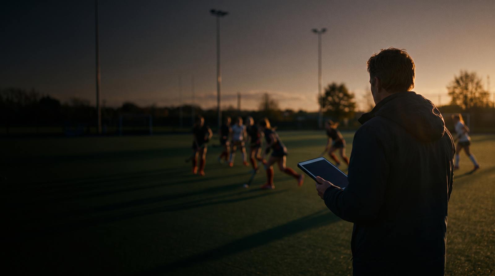 A coach following the team with a tablet at dusk